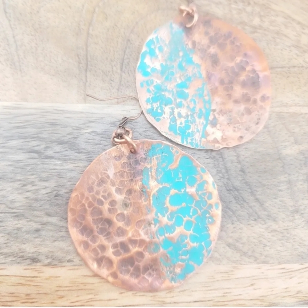 COPPER EARRINGS HANDMADE WITH BLUE & BROWN PATINA 2" APPROX - Picture 3 of 7